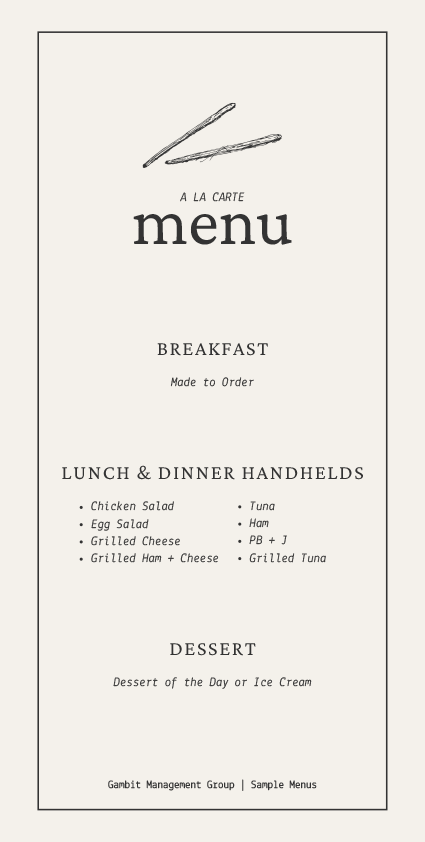 A La Carte sample menu